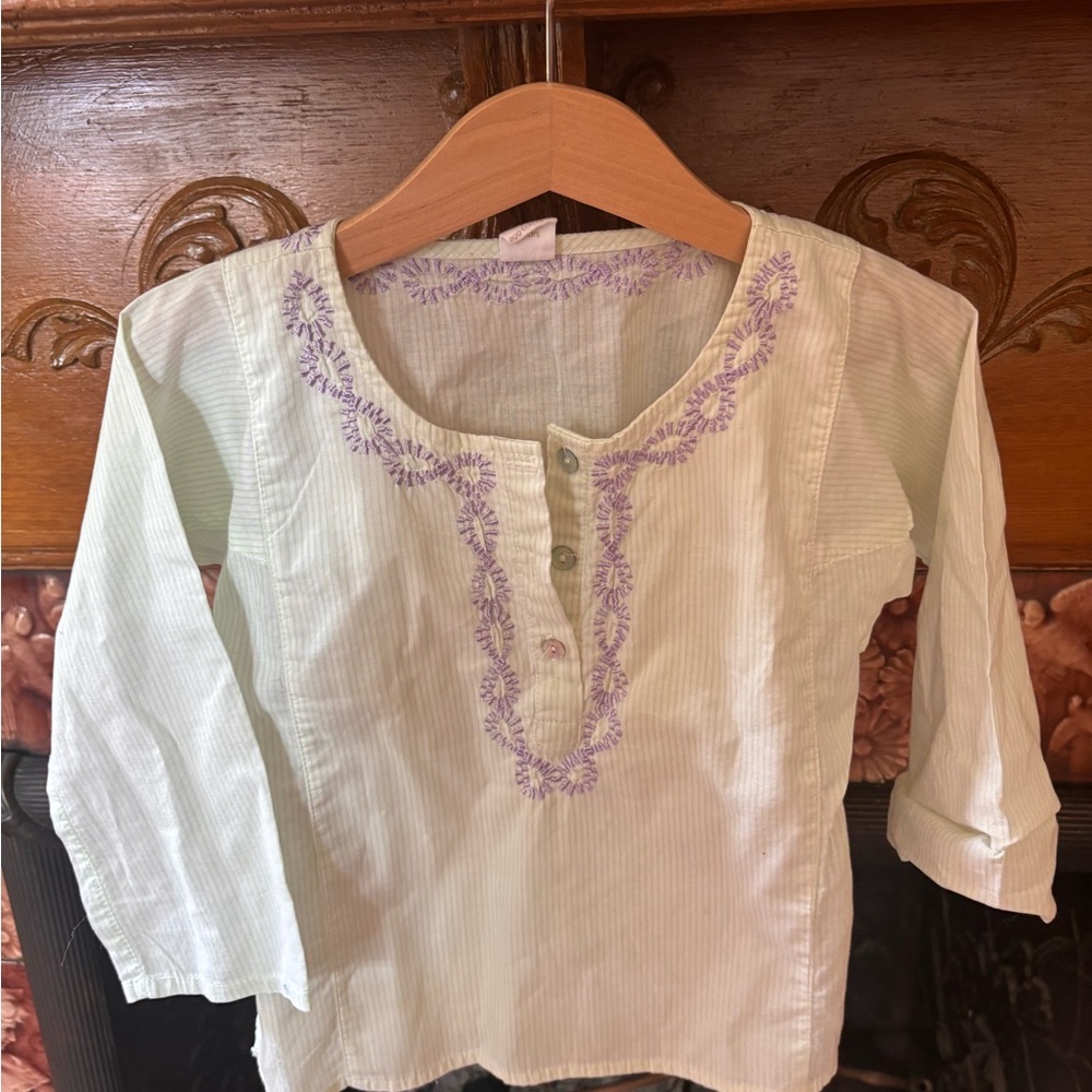 Embroidered Kids EGG Collective Shirt - Light Green striped with Purple Accents